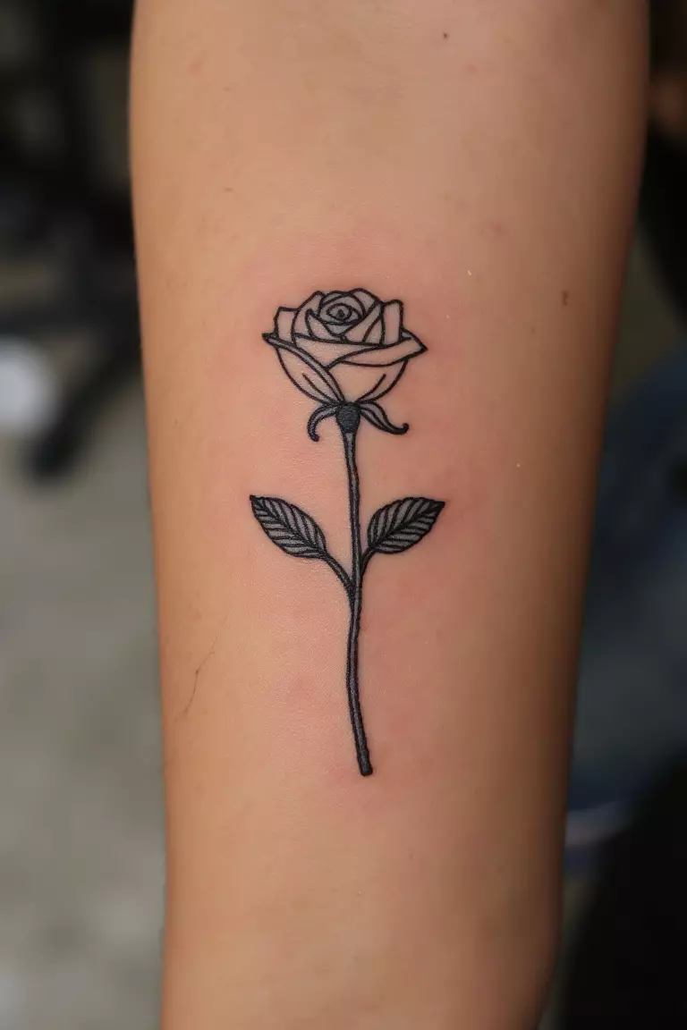 Aphrodite's Rose A close up shot of woman's arm with a black ink tattoo of a small rose symbolizing Aphrodite, the goddess of love and beauty.