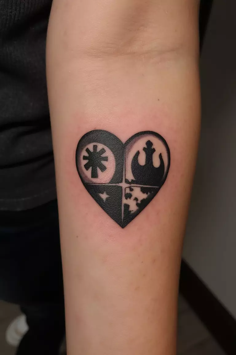 Star Wars-Inspired Heart Tattoo A close up shot of woman's arm with a black ink Star Wars-inspired heart tattoo, incorporating iconic symbols