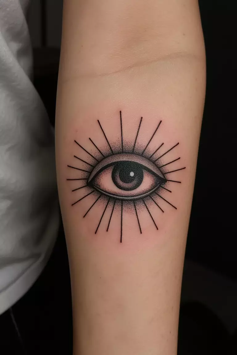All-Seeing Eye with Radiating Lines A close up shot of woman's arm with a black ink tattoo of an eye with rays radiating outward.