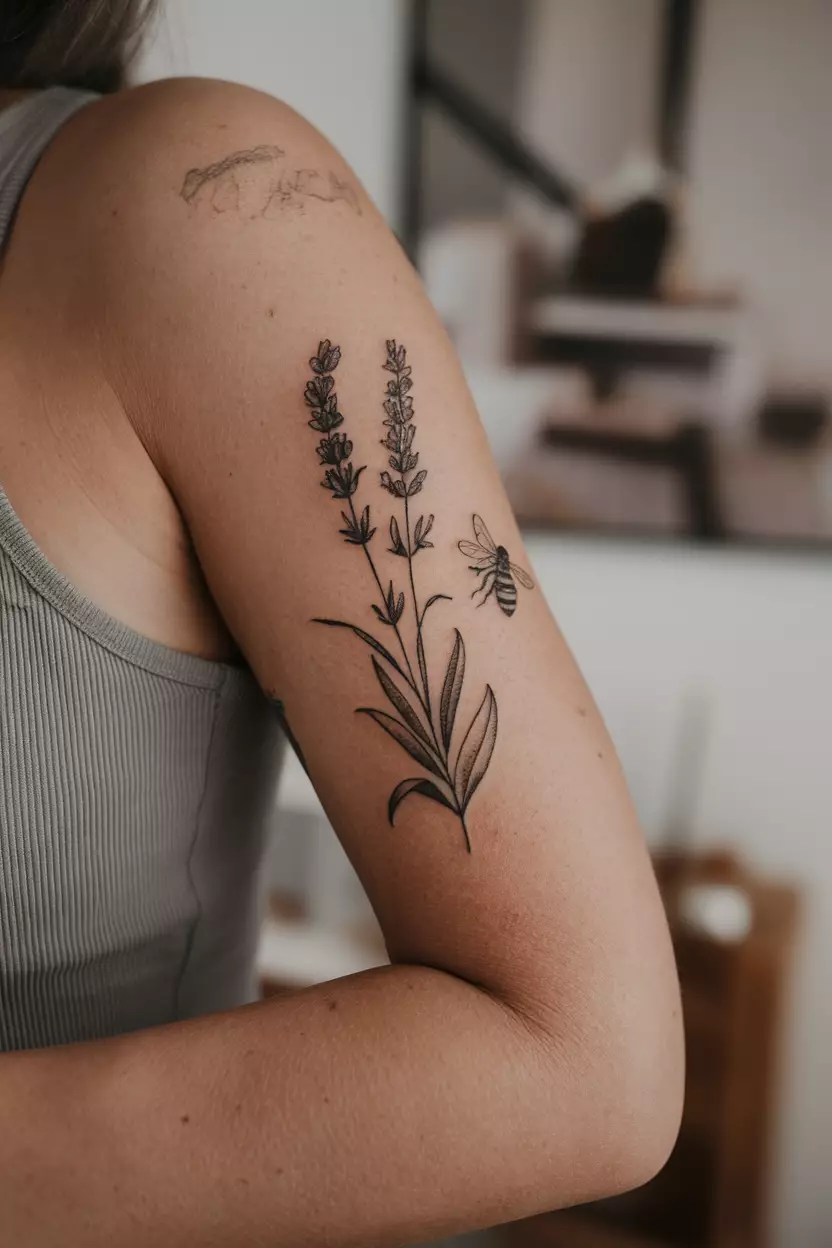 Lavender and Bee A close up shot of woman's arm with a lavender and bee tattoo