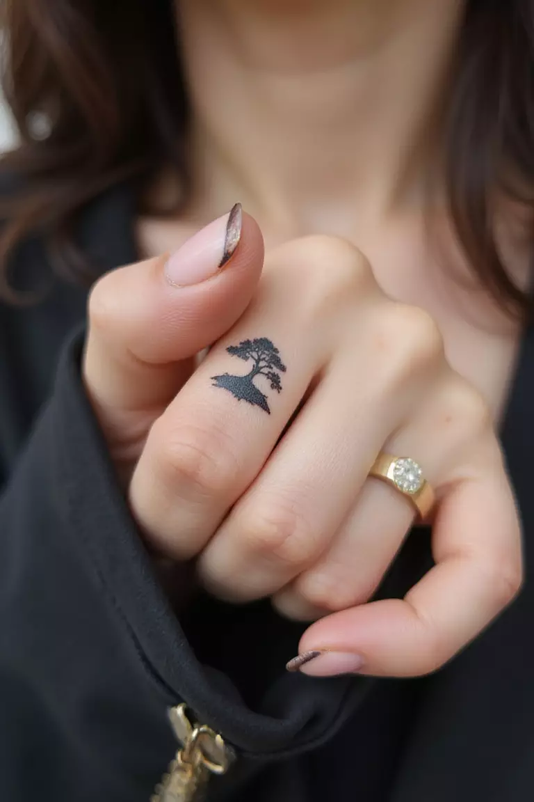 Tiny Bonsai Finger Tattoo A close-up shot of a woman showing her black ink tiny minimalist bonsai tree tattoo design on her finger