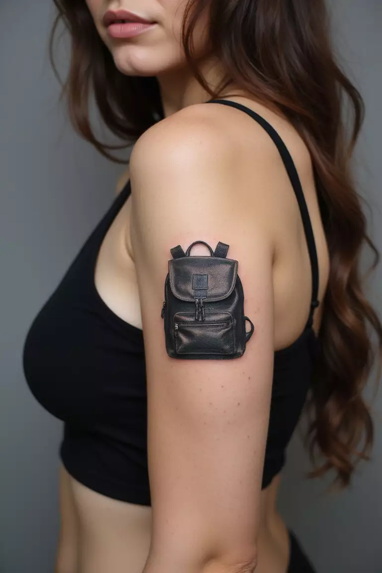 Backpack A close-up shot of a woman showing her black ink backpack tattoo design on her arm