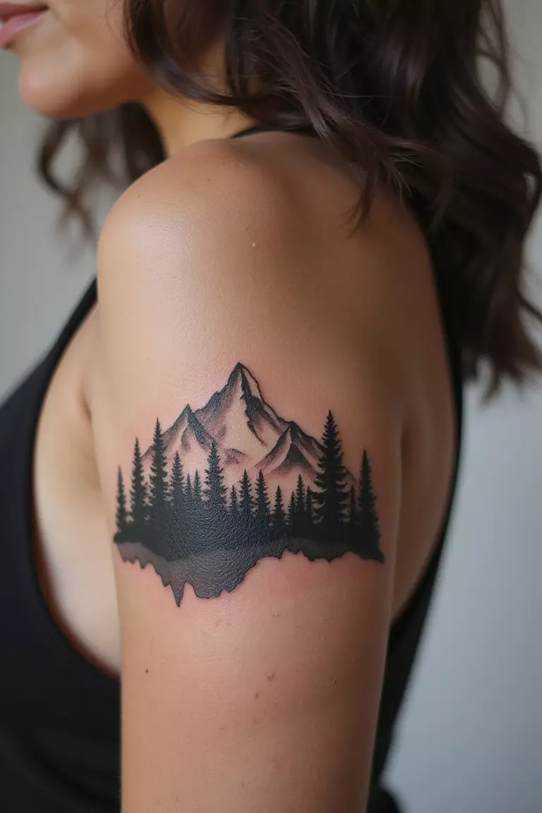 Mountain Range Silhouette A close-up shot of a woman showing her black ink mountain range silhouette tattoo design on her arm