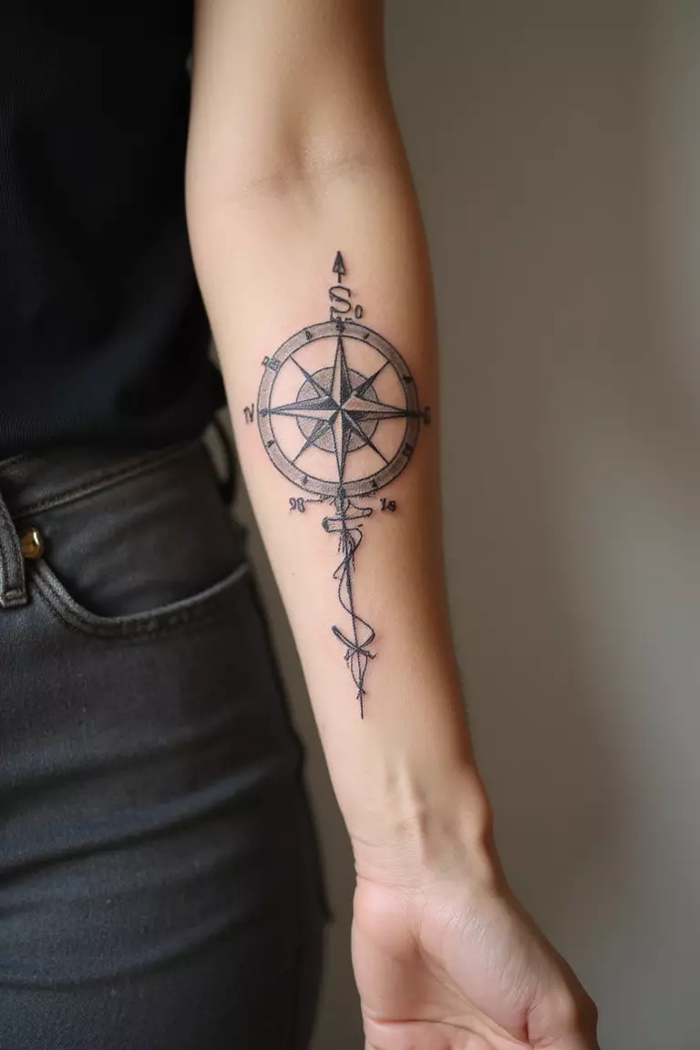 Fine Line Coordinates A close-up shot of a woman showing her black ink fine line GPS coordinates tattoo design on her arm