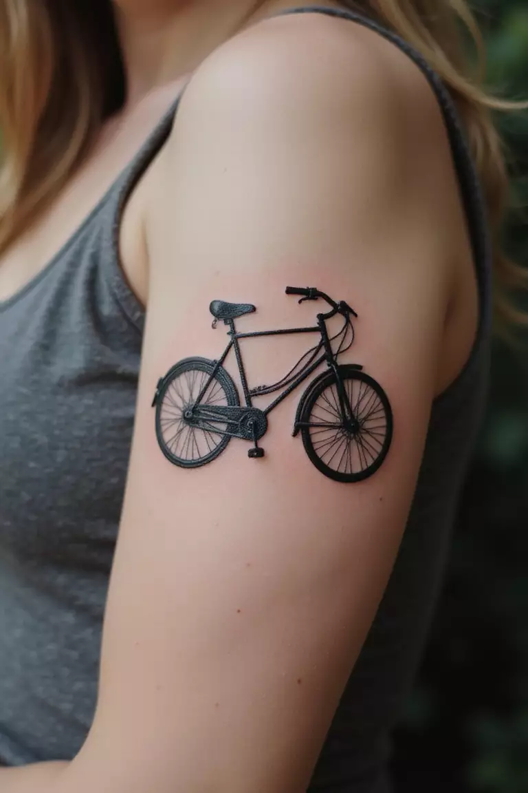 Bicycle A close-up shot of a woman showing her black ink bicycle tattoo design on her arm