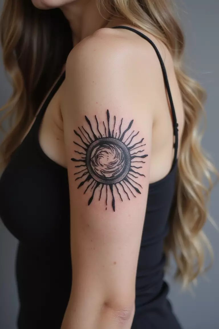 Abstract Sun A close-up shot of a woman showing her black ink abstract sun tattoo with swirling lines and non-traditional shapes forming a sun-like figure tattoo design on her arm