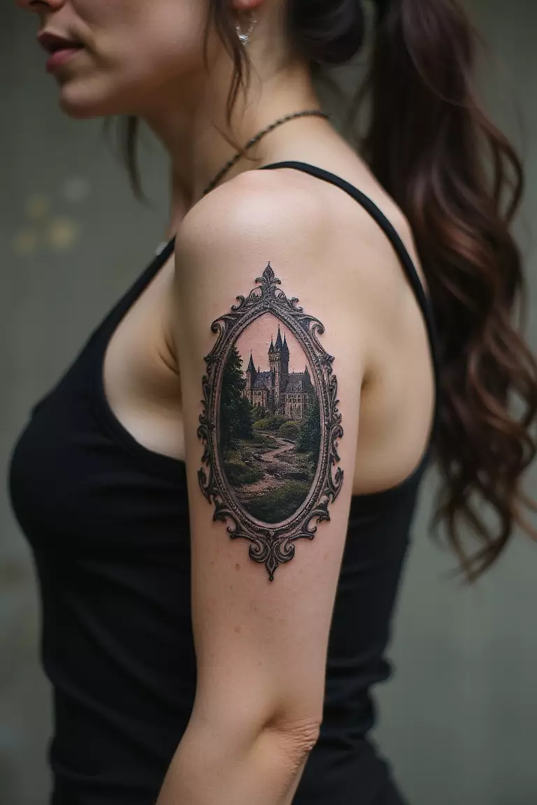 Fantasy Castle Window A close-up shot of a woman showing her black ink fantasy castle window tattoo design on her arm, possibly stone-framed and looking out onto a magical landscape.