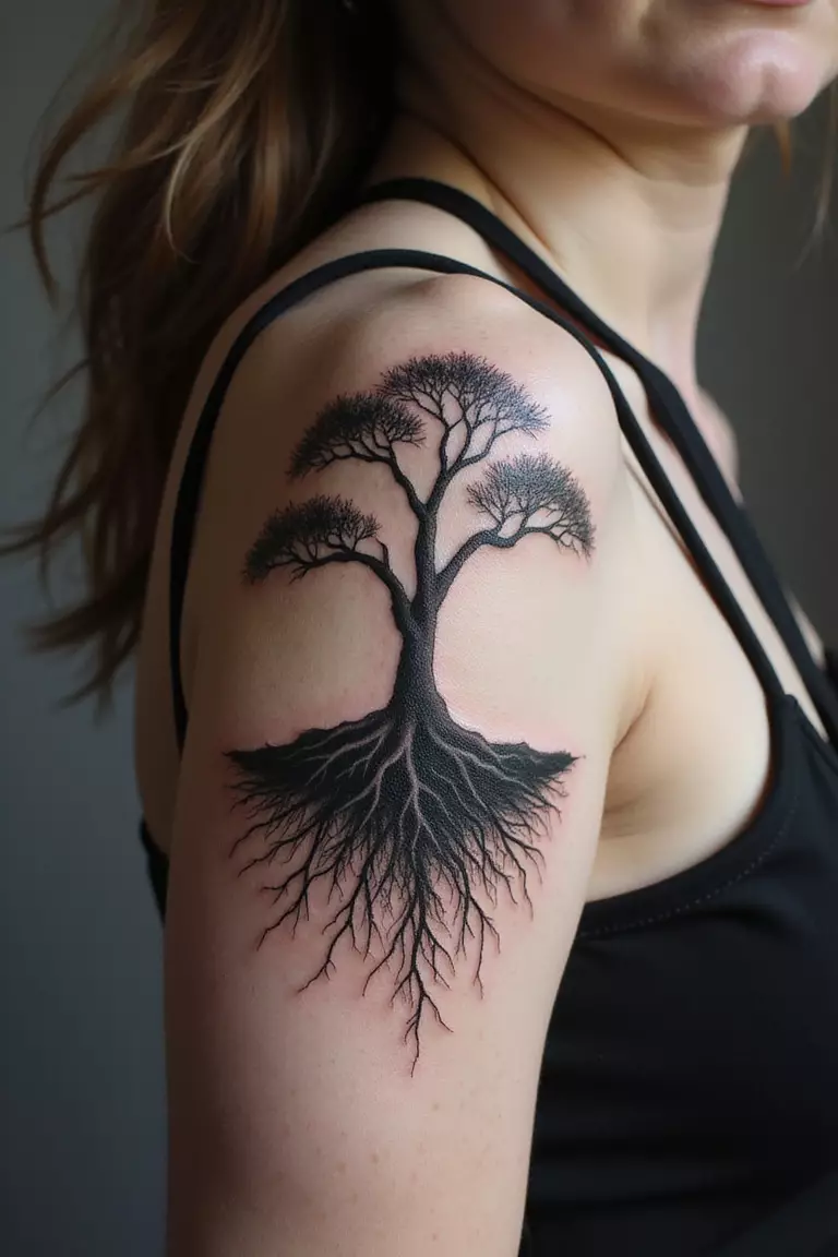 Roots Exposed Design A close-up shot of a woman showing her black ink bonsai tree with detailed roots exposed above the soil line tattoo design on her arm