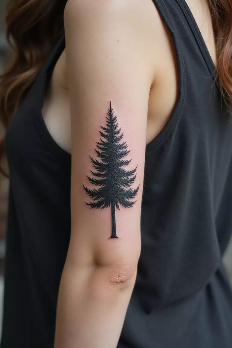 Pine Tree Forest A close-up shot of a woman showing her black ink pine tree forest tattoo design on her arm