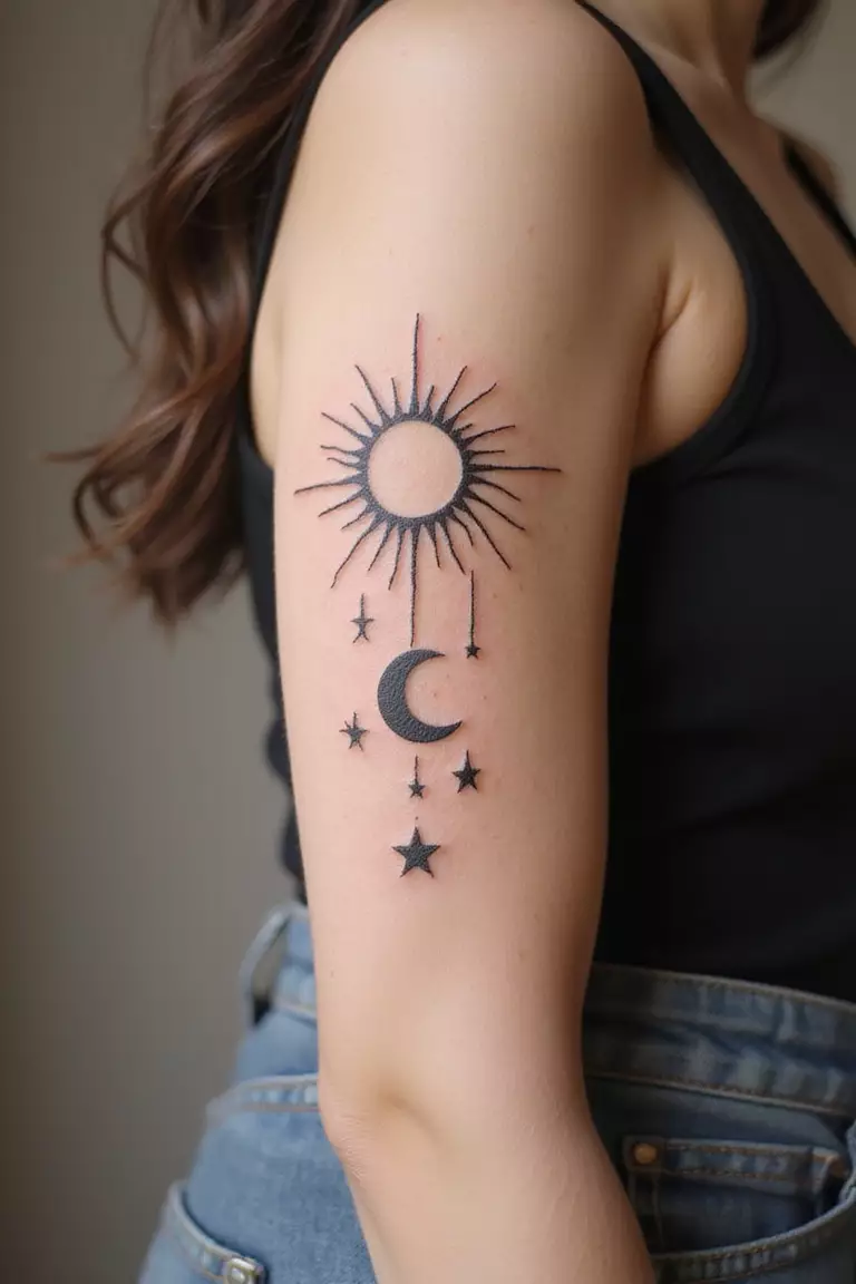 Sun Moon Stars A close-up shot of a woman showing her black ink minimalist sun, crescent moon, and stars tattoo design on her arm
