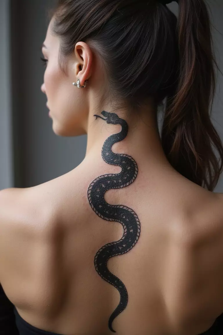 Snake On The Back A close-up shot of a woman showing her black ink large snake tattoo design running down her spine on her back.