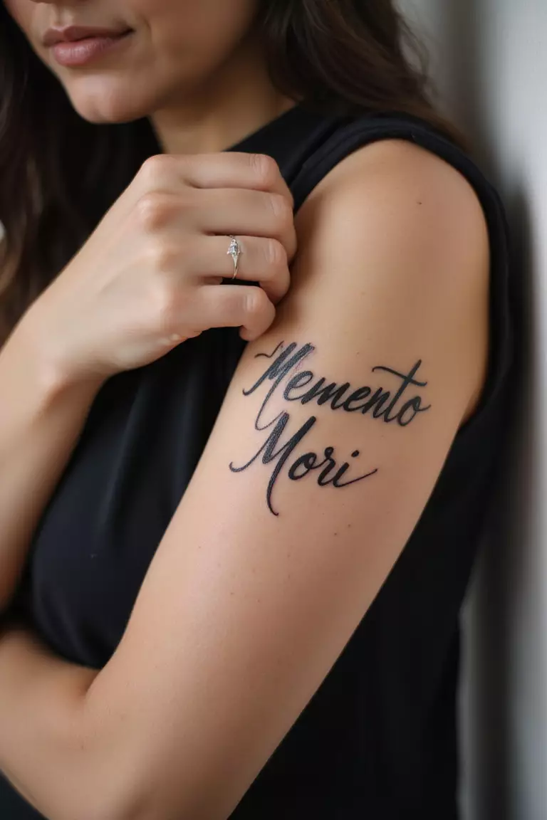 Memento Mori Tattoo A close-up shot of a woman showing her black ink "Memento Mori" script tattoo design on her arm