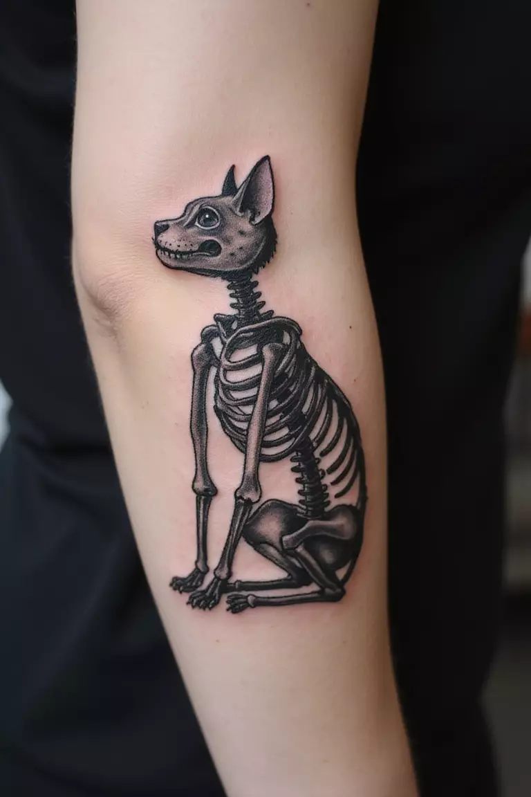 Cat Skeleton Tattoo A close-up shot of a woman showing her black ink cat skeleton tattoo design on her arm