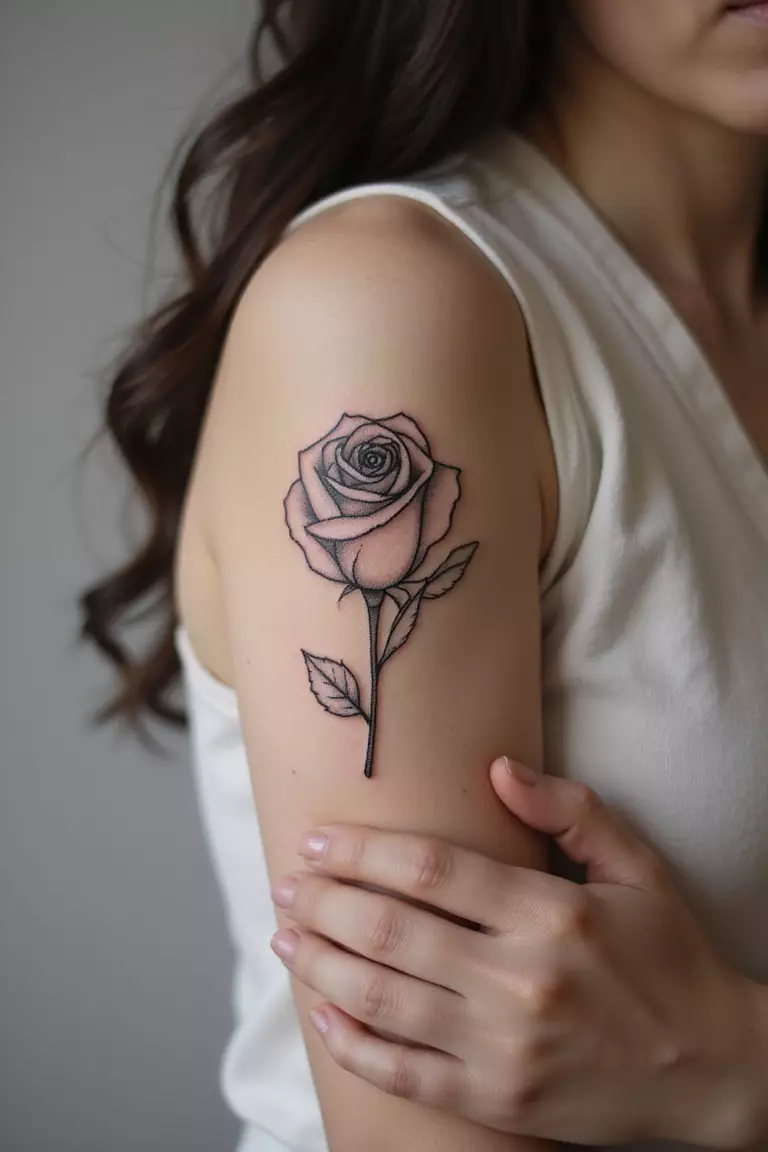 Minimalist Outline Rose A close-up shot of a woman showing her black ink minimalist outline rose tattoo on her arm.