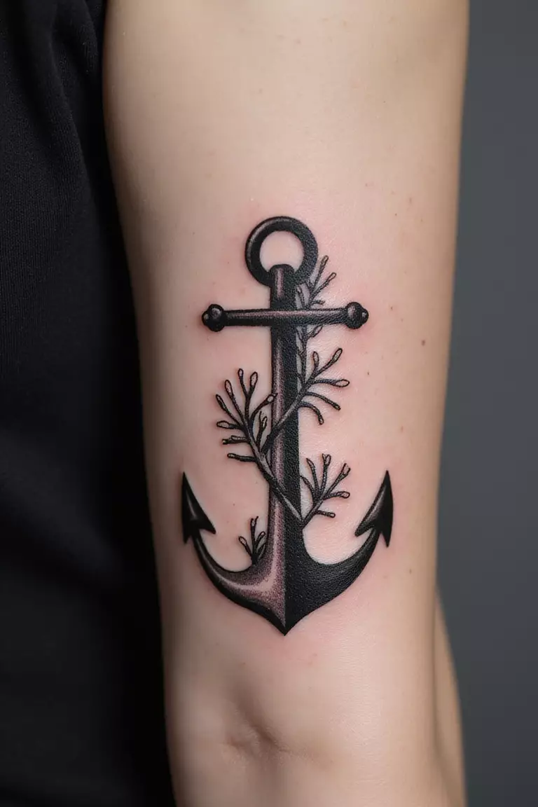 Coral Growing On An Anchor A close-up shot of a woman showing her black ink coral growing on an anchor tattoo design on her arm