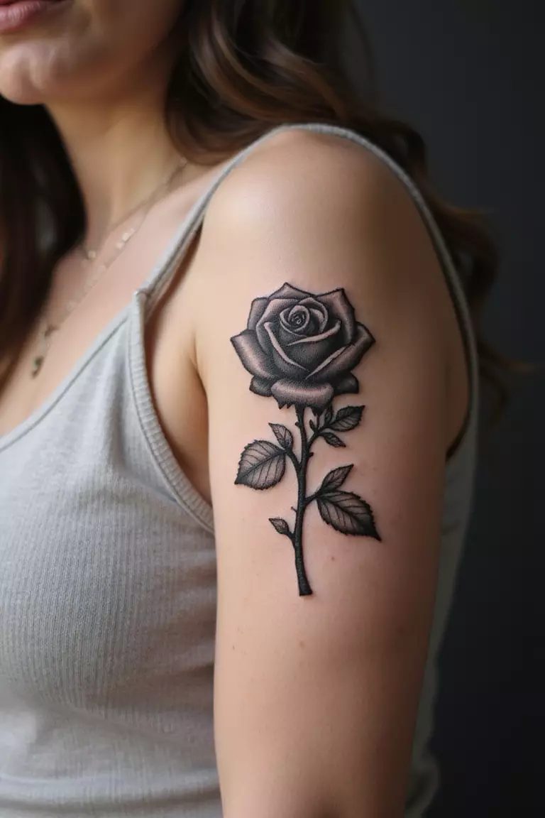 Pixelated Rose A close-up shot of a woman showing her black ink pixelated rose tattoo on her arm.