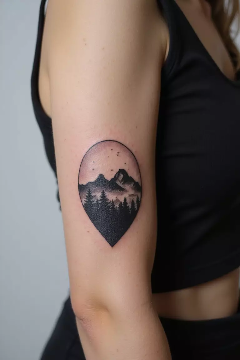 Landscape Silhouette A close-up shot of a woman showing her black ink landscape silhouette tattoo design showing mountains against a sky on her arm