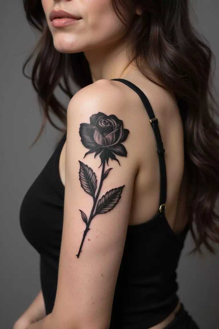 Abstract Rose Shape A close-up shot of a woman showing her black ink abstract rose shape tattoo on her arm.