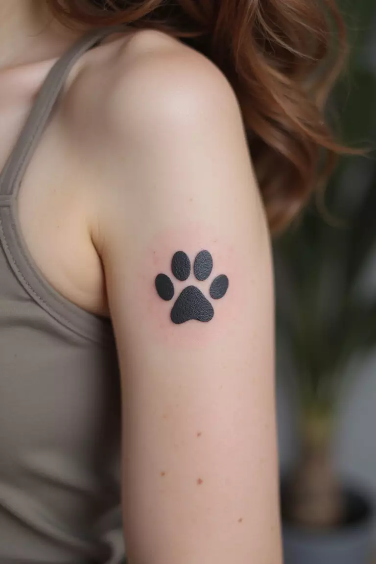 Tiny Paw Print A close-up shot of a woman showing her black ink tiny dog paw print outline tattoo design on her arm