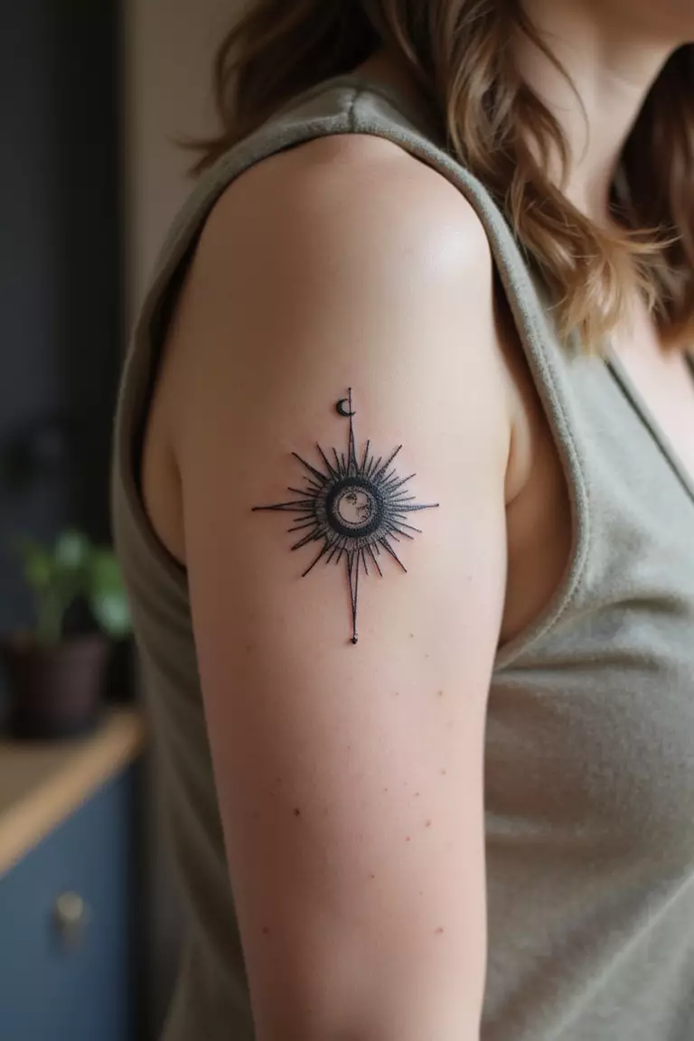 A close-up shot of a woman showing her black ink sun and crescent moon combo tattoo design on her arm