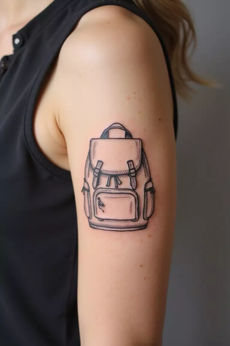 Backpack A close-up shot of a woman showing her black ink simple backpack outline tattoo design on her arm