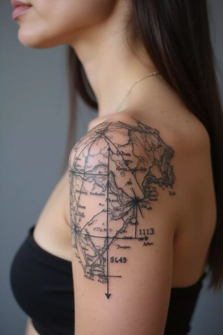Map Coordinates A close-up shot of a woman showing her black ink numerical map coordinates tattoo design on her arm