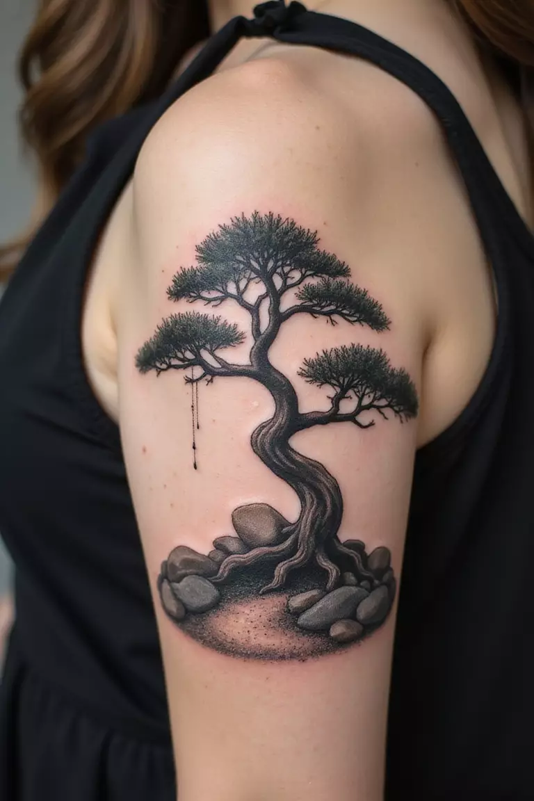 Zen Garden Scene A close-up shot of a woman showing her black ink bonsai tree as part of a small Zen garden scene with rocks and raked sand tattoo design on her arm