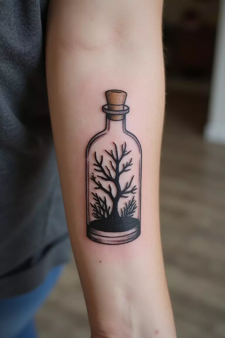 Coral Inside A Bottle A close-up shot of a woman showing her black ink coral inside a bottle tattoo design on her arm