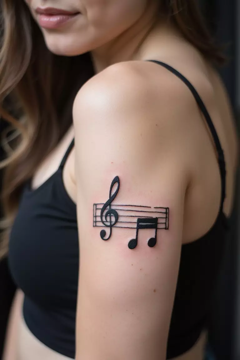 Music Staff A close-up shot of a woman showing her black ink simple music staff with a few notes tattoo on her arm.