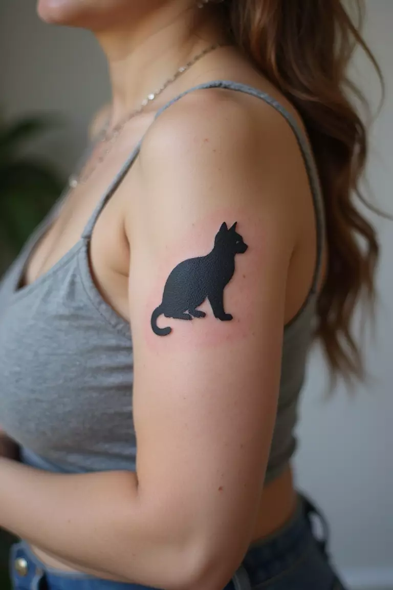 Miniature Animal Silhouette A close-up shot of a woman showing her black ink miniature cat silhouette tattoo design on her arm