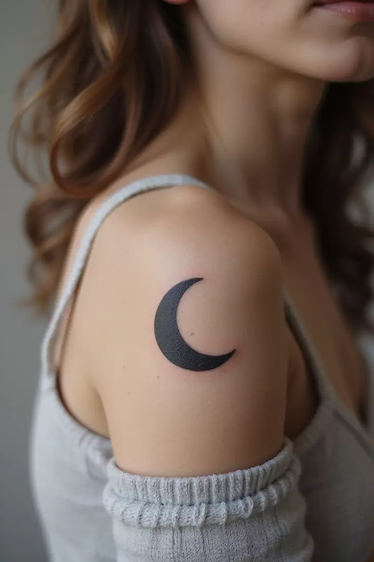 Small Crescent Moon A close-up shot of a woman showing her black ink small crescent moon tattoo design on her arm