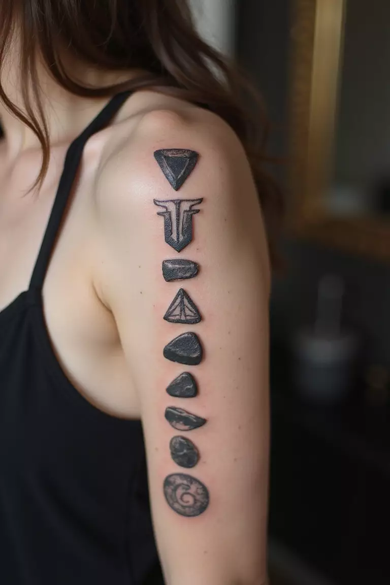 Rune Stone Magic A close-up shot of a woman showing her black ink set of ancient rune stones tattoo design on her arm