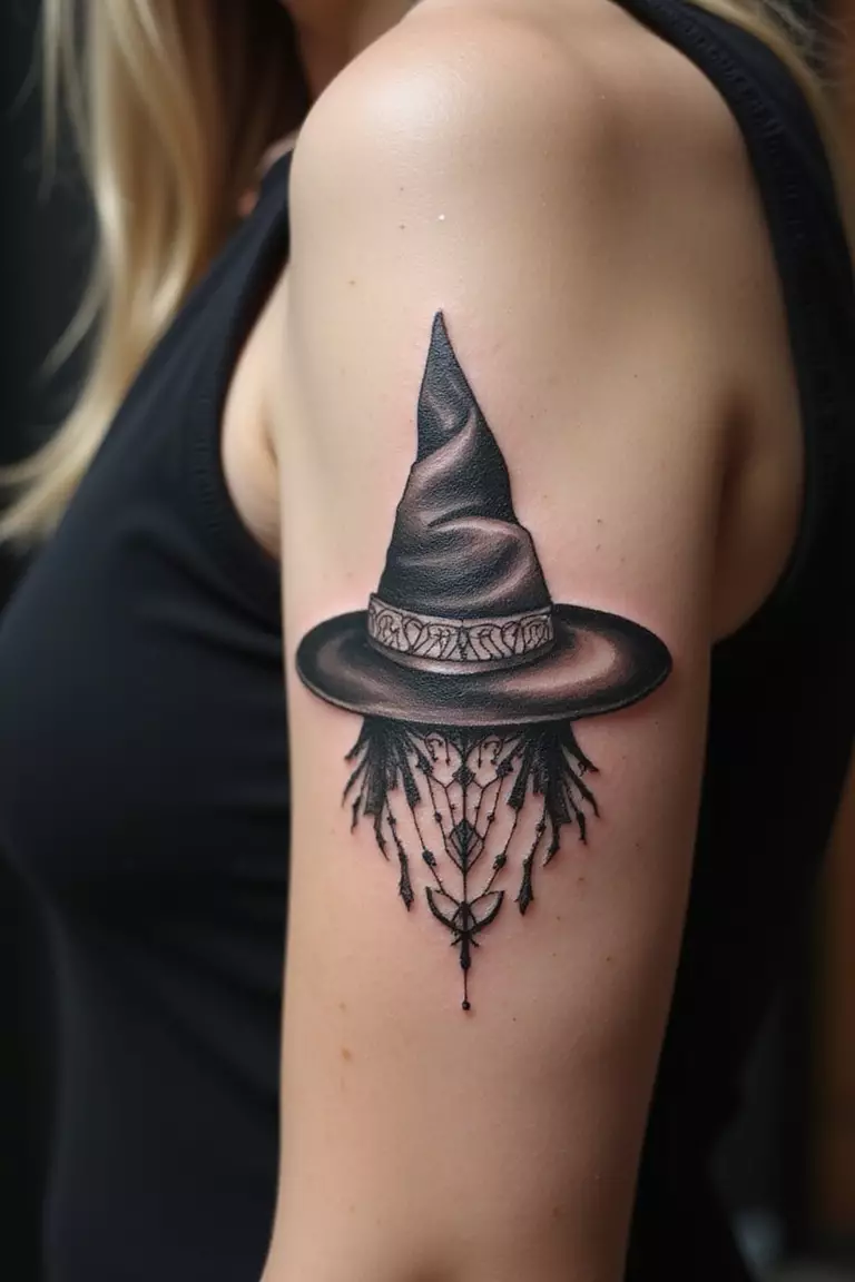 Geometric Wizard Symbol A close-up shot of a woman showing her black ink abstract geometric pattern forming a wizard hat or symbol tattoo design on her arm
