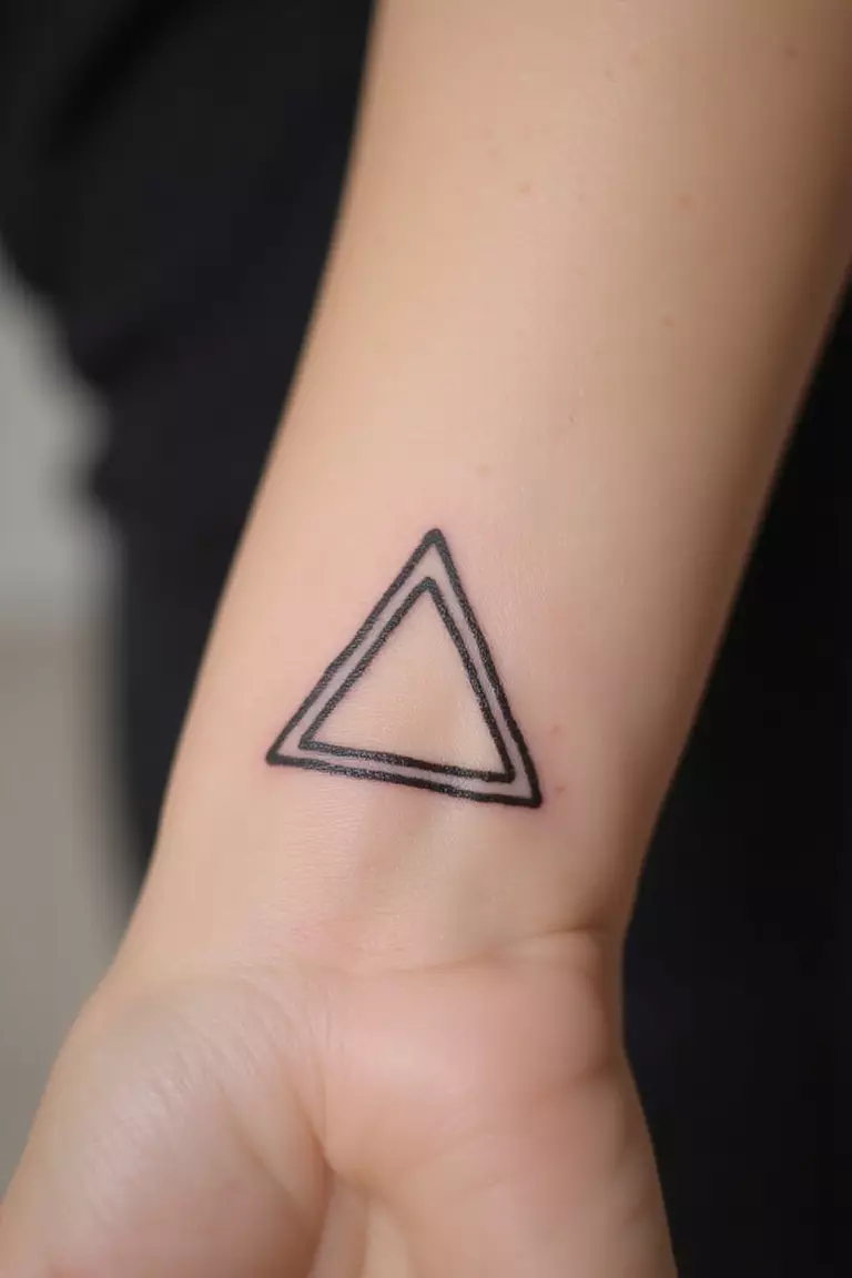 Geometric Shape A close-up shot of a woman showing her black ink small minimalist triangle outline tattoo design on her wrist