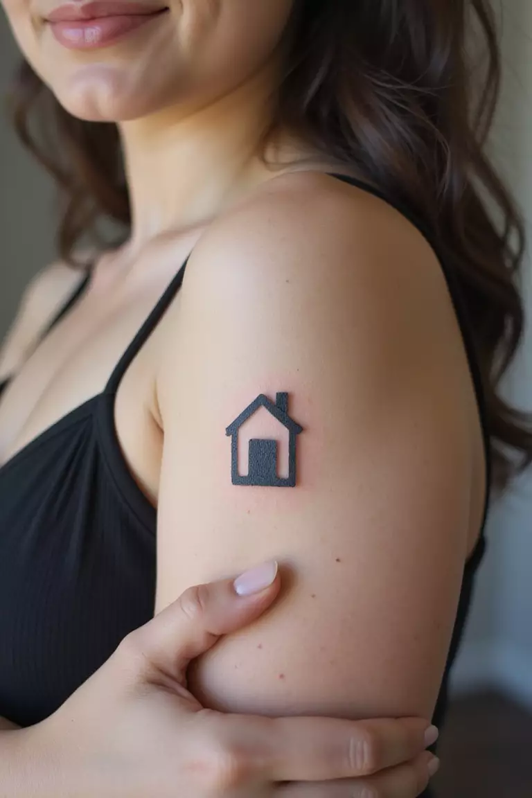 Tiny House A close-up shot of a woman showing her black ink tiny minimalist house tattoo on her arm.