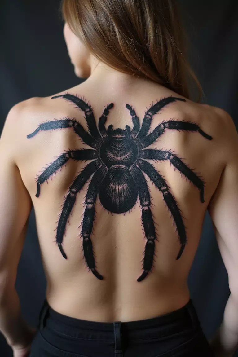 Tarantula Back Tattoo A close-up shot of a woman showing her black ink large, imposing tarantula tattoo design covering her upper back