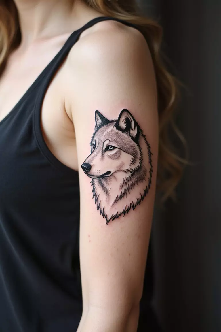 Animal Outline A close-up shot of a woman showing her black ink animal outline tattoo design of a simple wolf profile on her arm