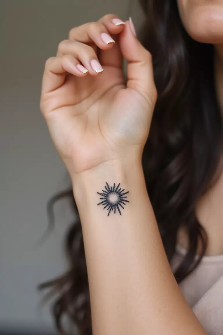 Small Sun Tattoo A close-up shot of a woman showing her tiny black ink minimalist sun tattoo design on her wrist