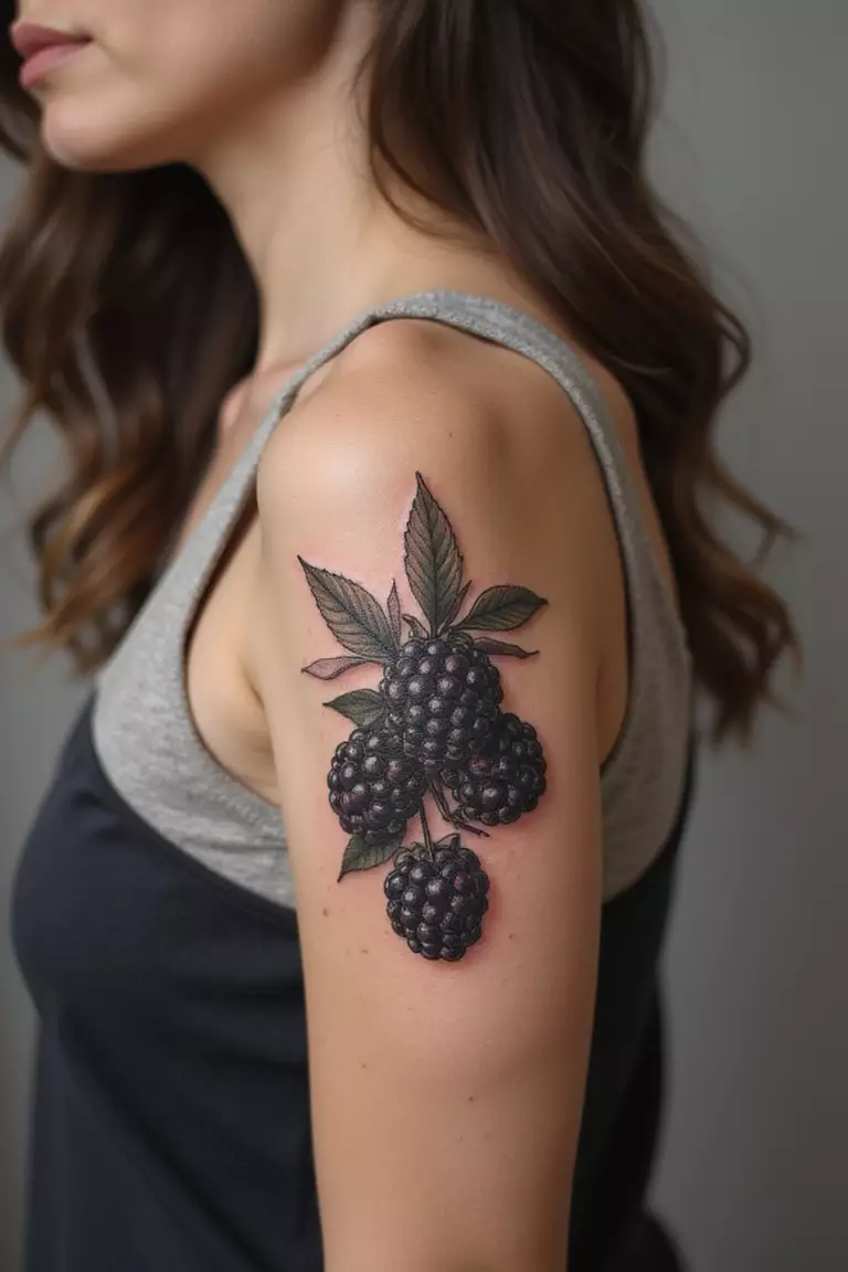 Realistic Blackberry Cluster A close-up shot of a woman showing her black ink realistic blackberry cluster tattoo on her arm.