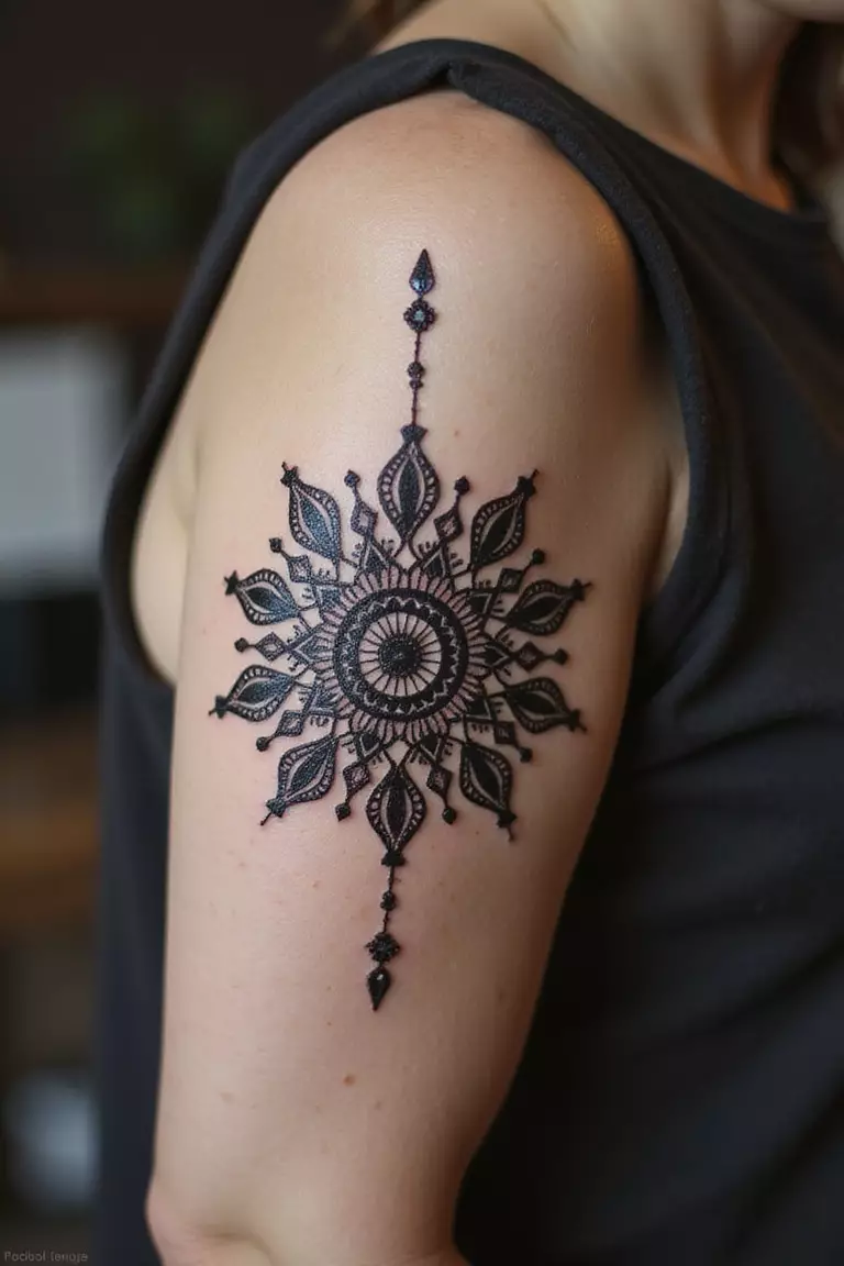 Mandala Sun A close-up shot of a woman showing her black ink intricate mandala pattern forming the shape of a sun tattoo design on her arm