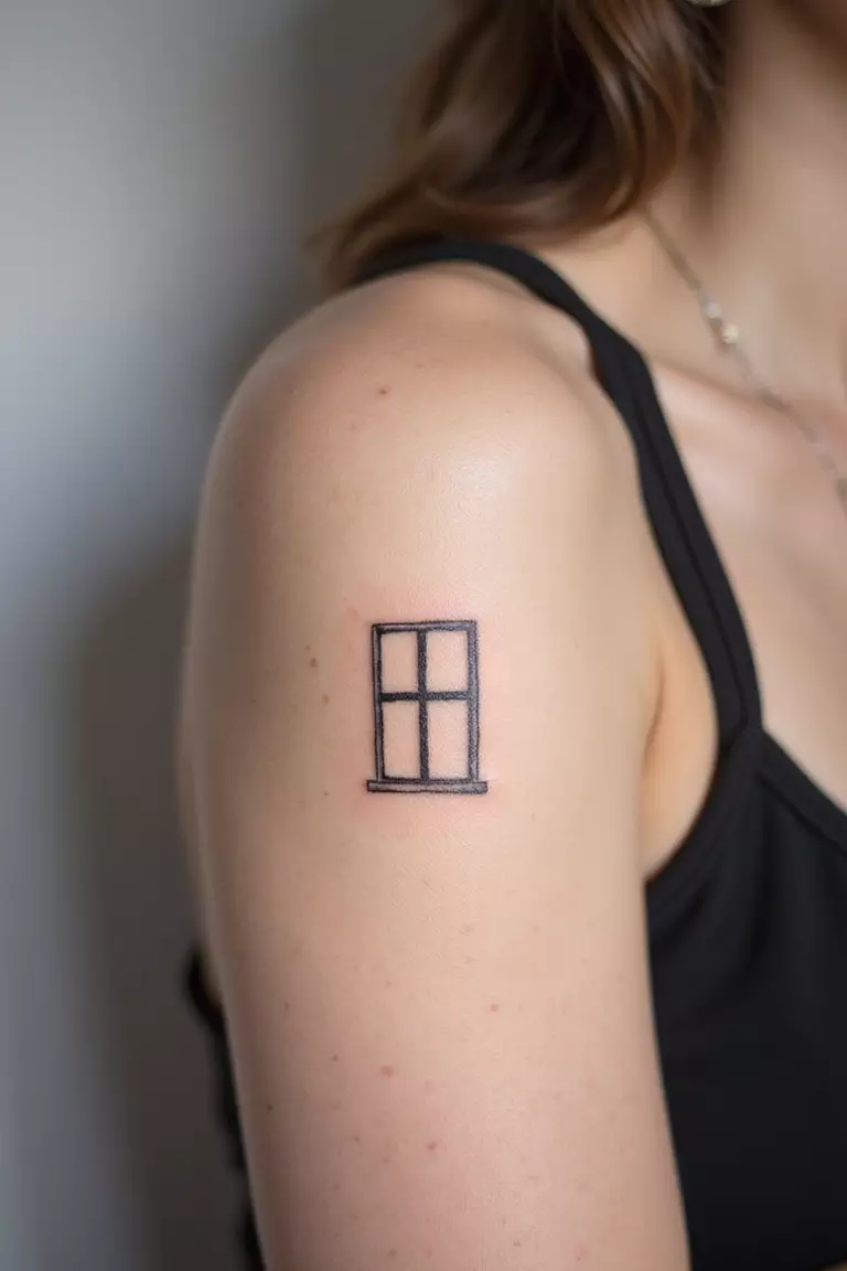 Minimalist Window Symbol A close-up shot of a woman showing her black ink minimalist window symbol tattoo design on her arm, perhaps just four squares connected or simple crossed lines.