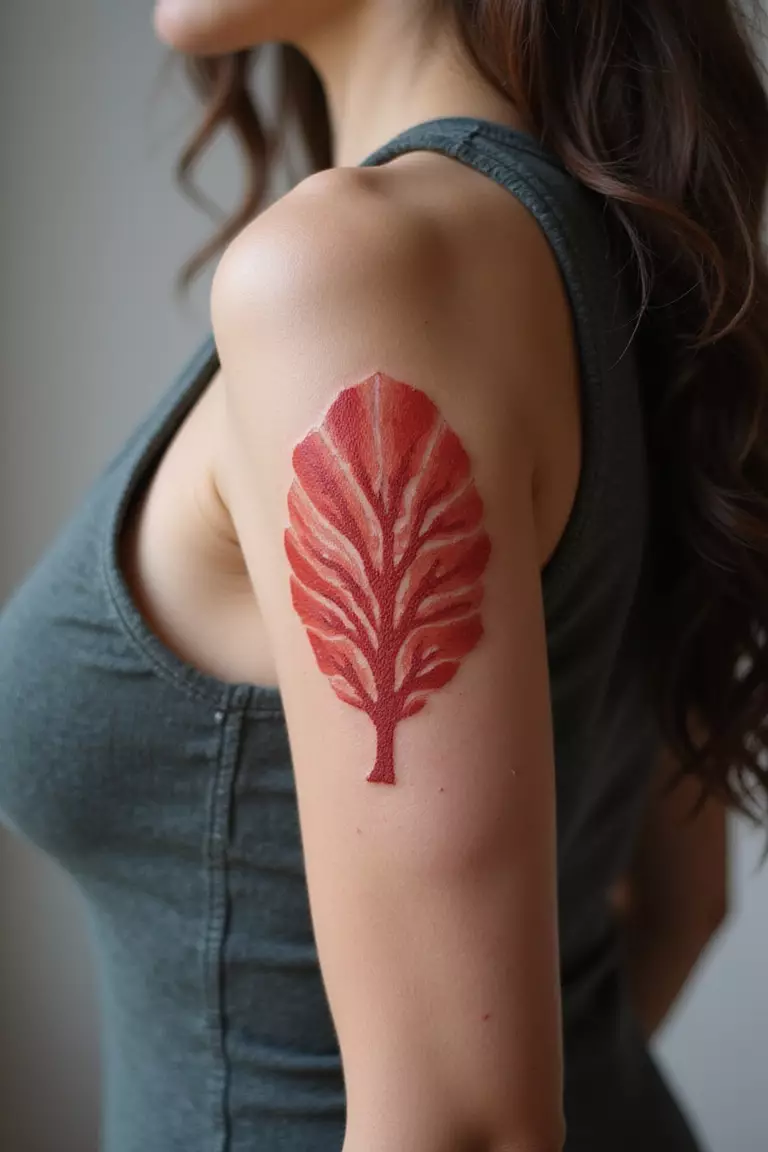 Realistic Red Fan Coral A close-up shot of a woman showing her realistic red fan coral tattoo design on her arm