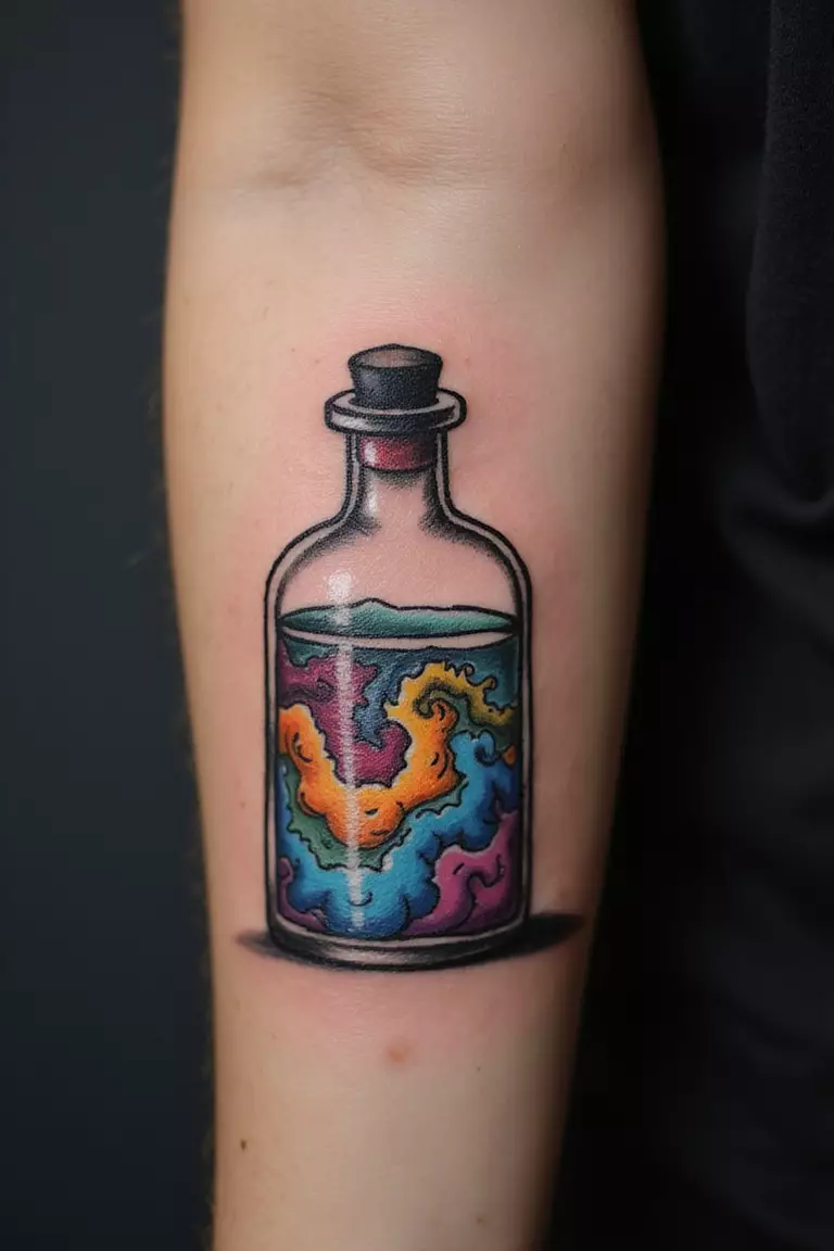 Potion Bottle Ink A close-up shot of a woman showing her black ink corked potion bottle filled with swirling colorful liquid tattoo design on her arm
