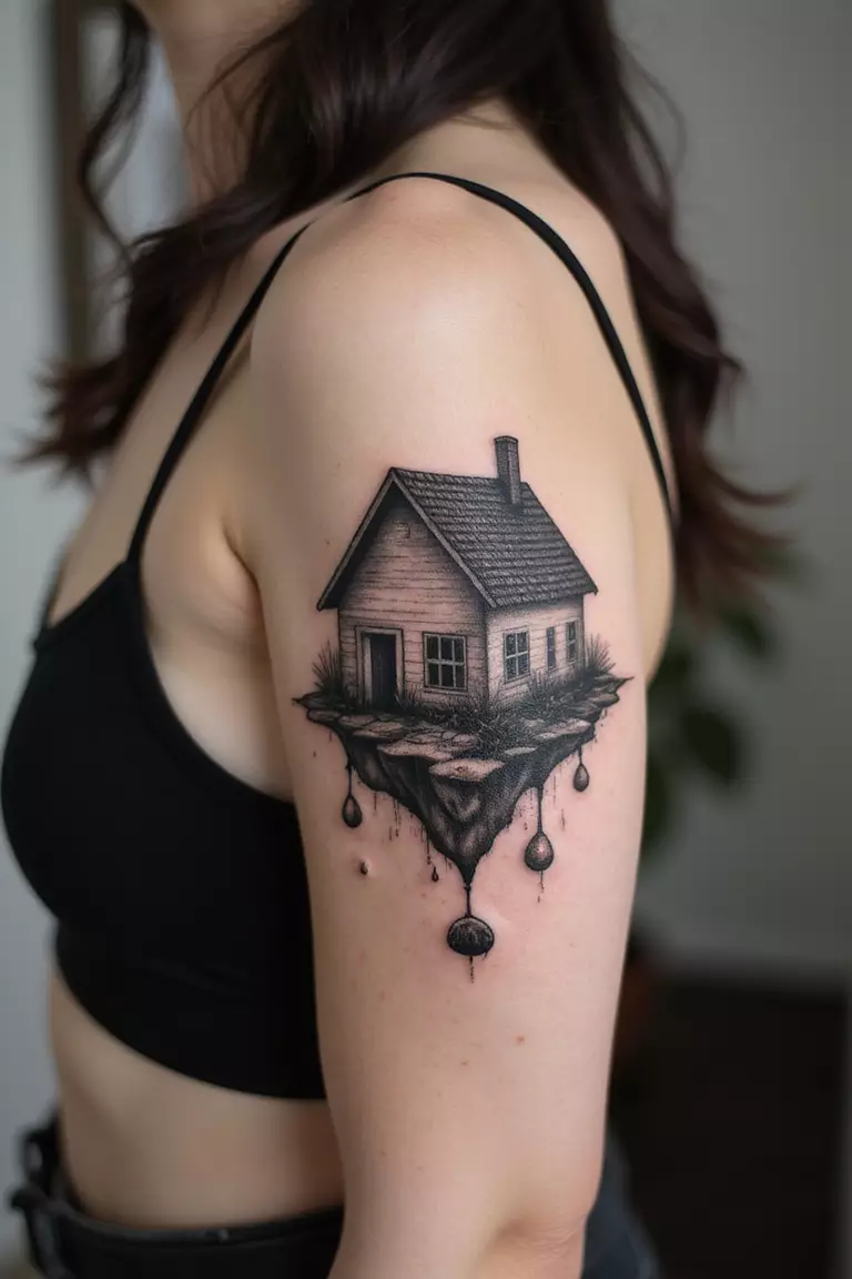 Floating House A close-up shot of a woman showing her black ink surreal floating house tattoo on her arm.