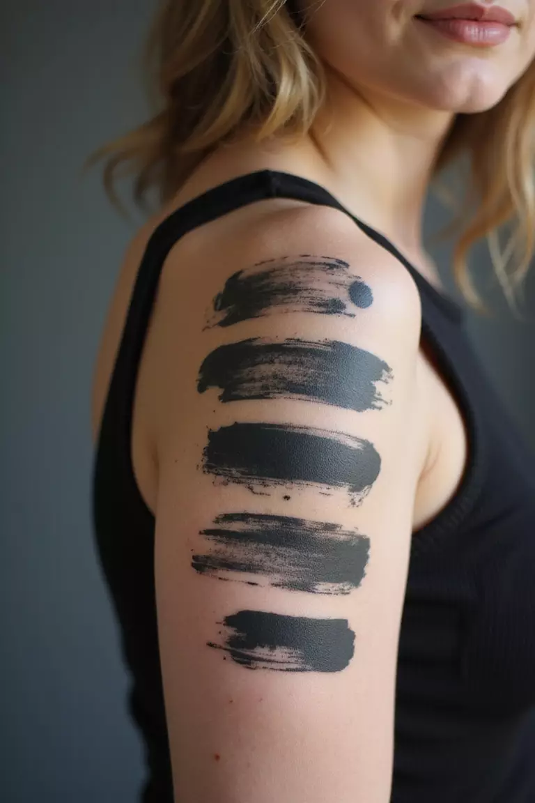 Abstract Brush Strokes A close-up shot of a woman showing her black ink abstract brush strokes tattoo design that looks like painted marks on her arm