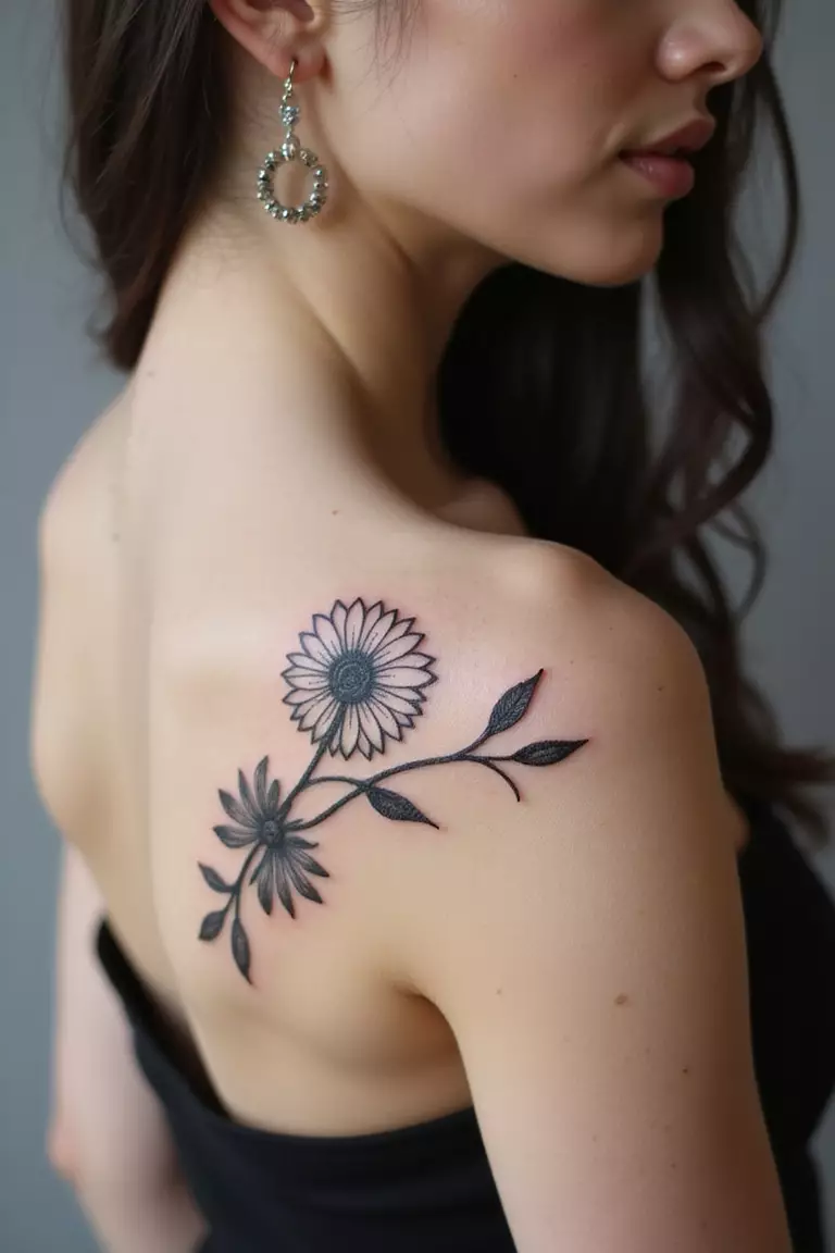 Delicate Flower A close-up shot of a woman showing her black ink delicate flower, like a daisy, tattoo design on her arm