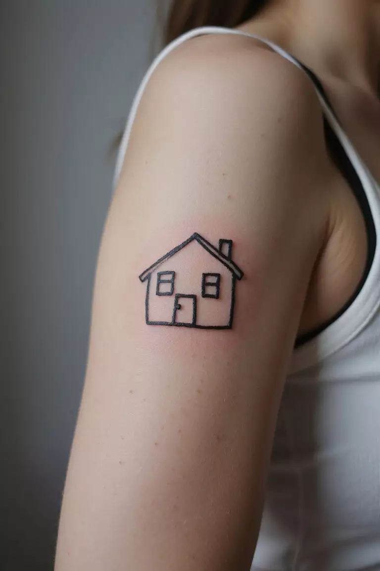 Simple Outline House A close-up shot of a woman showing her black ink simple outline house tattoo on her arm.