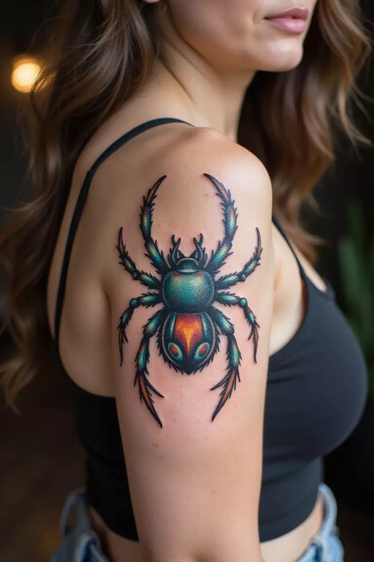 Colorful Tarantula A close-up shot of a woman showing her black ink vibrant, colorful neo-traditional tarantula tattoo design on her arm