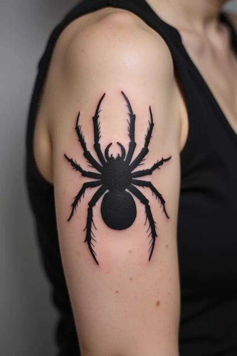 Tarantula Silhouette A close-up shot of a woman showing her black ink solid black tarantula silhouette tattoo design on her arm