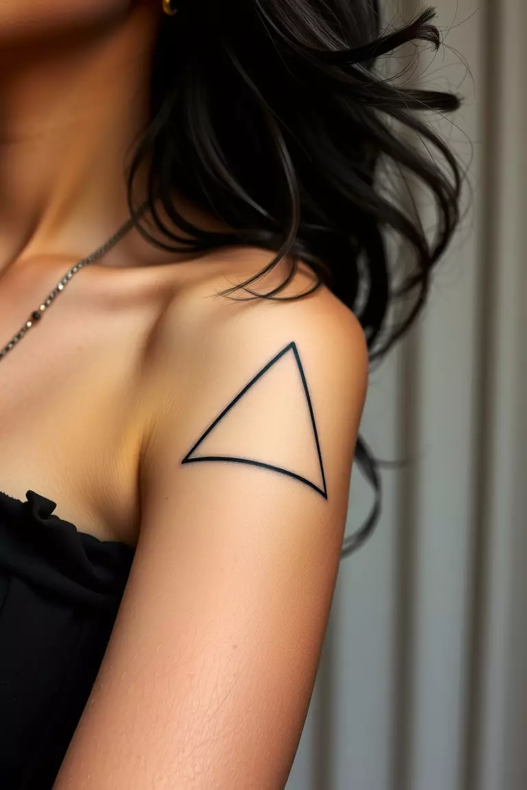 Geometric Shape A close-up shot of a woman showing her black ink geometric triangle outline tattoo design on her arm